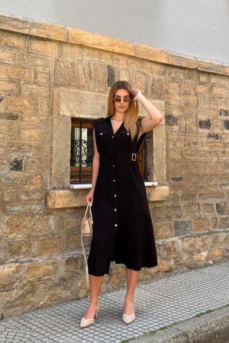 ONE COLOR SLEEVELESS GOLD BUTTONS WOMAN DRESS BLACK/ E ZEZE - 3