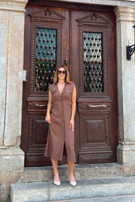 ONE COLOR SLEEVELESS GOLD BUTTONS WOMAN DRESS BROWN/KAFE - 1
