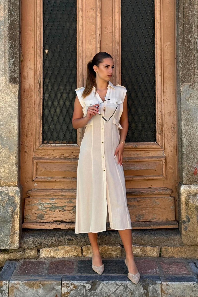 ONE COLOR SLEEVELESS GOLD BUTTONS WOMAN DRESS CREAM/KREM - 1