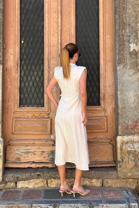 ONE COLOR SLEEVELESS GOLD BUTTONS WOMAN DRESS CREAM/KREM - 3