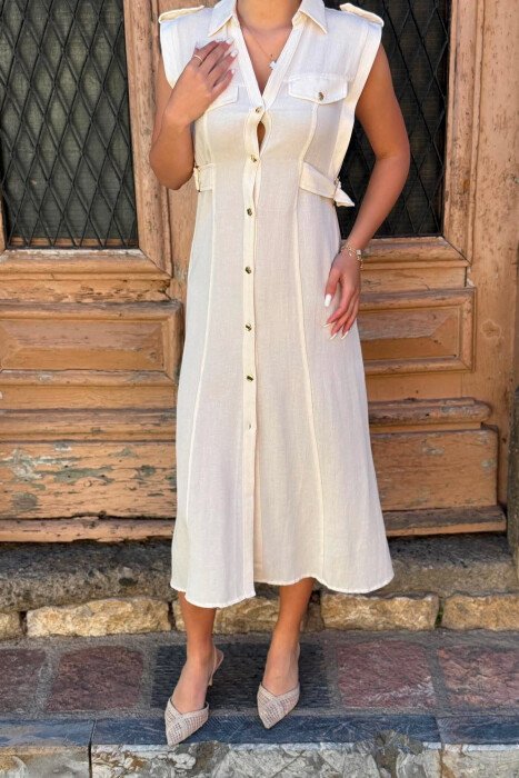 ONE COLOR SLEEVELESS GOLD BUTTONS WOMAN DRESS CREAM/KREM - 4