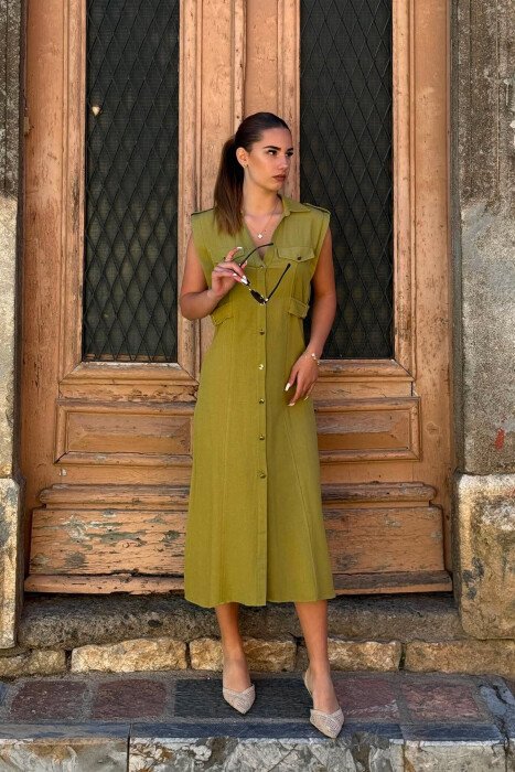 ONE COLOR SLEEVELESS GOLD BUTTONS WOMAN DRESS LIGHT GREEN/JEZB 