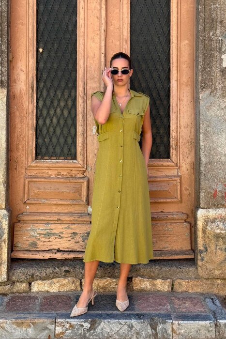 ONE COLOR SLEEVELESS GOLD BUTTONS WOMAN DRESS LIGHT GREEN/JEZB - 2