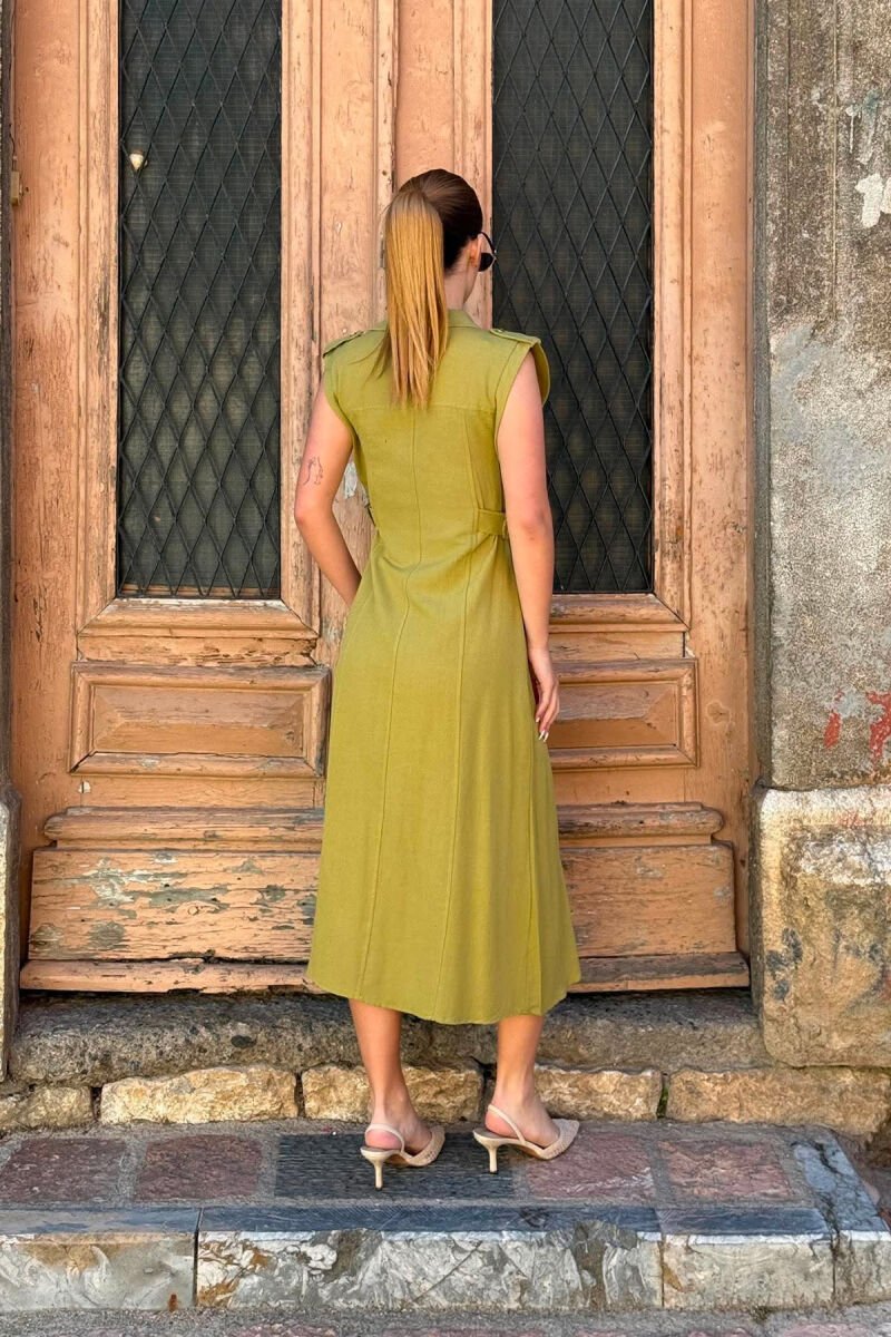 ONE COLOR SLEEVELESS GOLD BUTTONS WOMAN DRESS LIGHT GREEN/JEZB - 3
