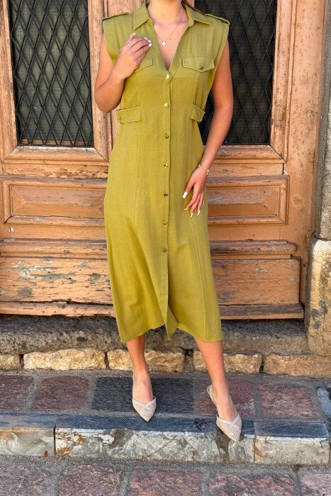 ONE COLOR SLEEVELESS GOLD BUTTONS WOMAN DRESS LIGHT GREEN/JEZB - 4