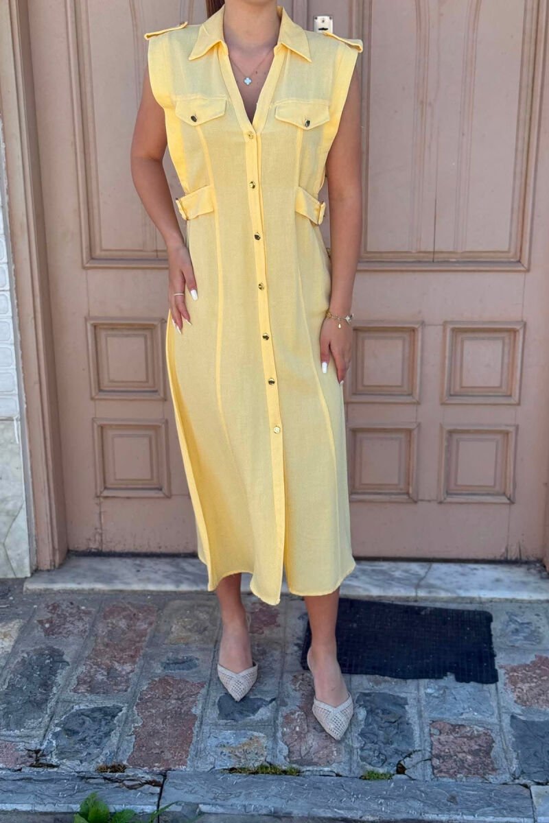 ONE COLOR SLEEVELESS GOLD BUTTONS WOMAN DRESS YELLOW/E VERDHE - 2