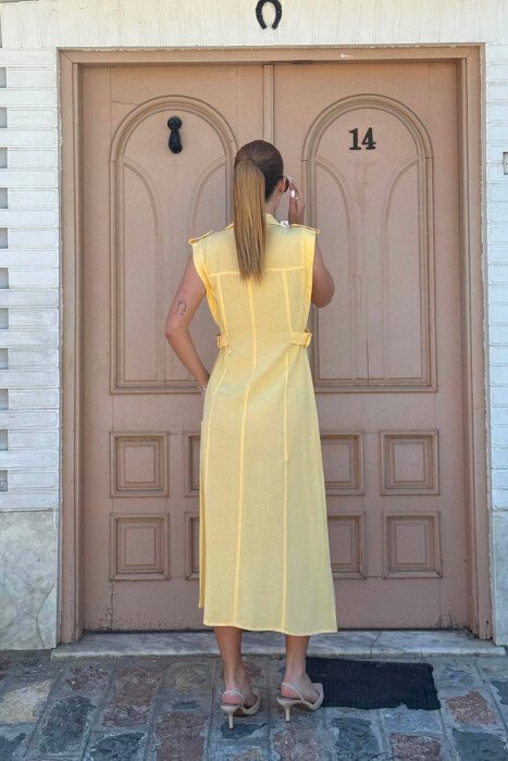 ONE COLOR SLEEVELESS GOLD BUTTONS WOMAN DRESS YELLOW/E VERDHE - 3