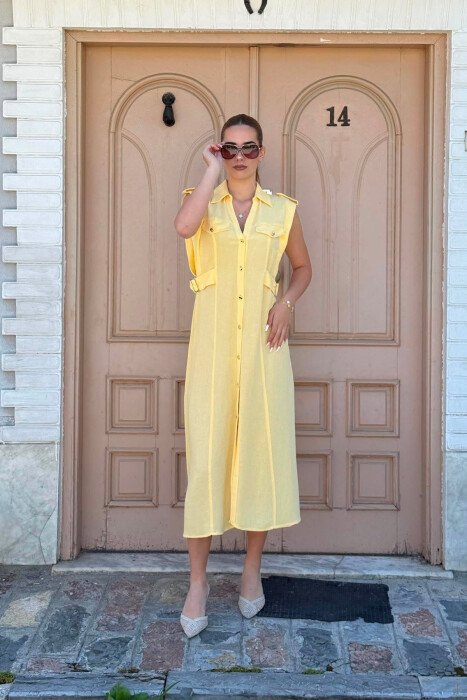 ONE COLOR SLEEVELESS GOLD BUTTONS WOMAN DRESS YELLOW/E VERDHE - 4