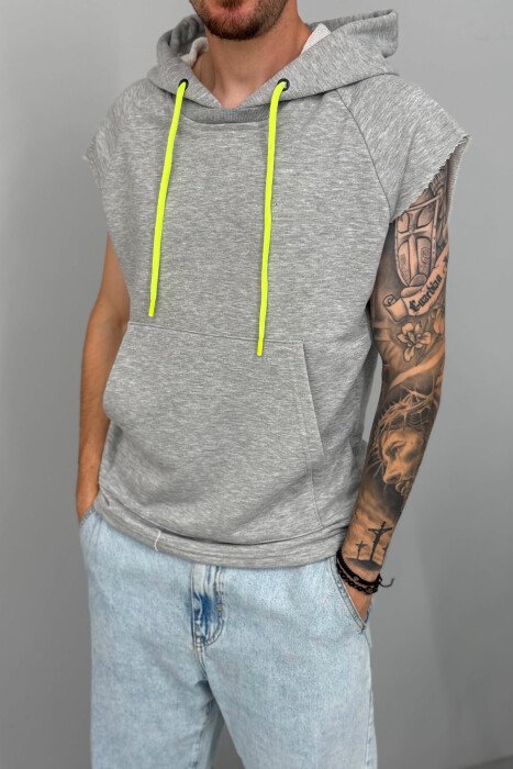 ONE COLOR SLEEVELESS HOOD MEN T-SHIRT LIGHT GREY/GZ - 4