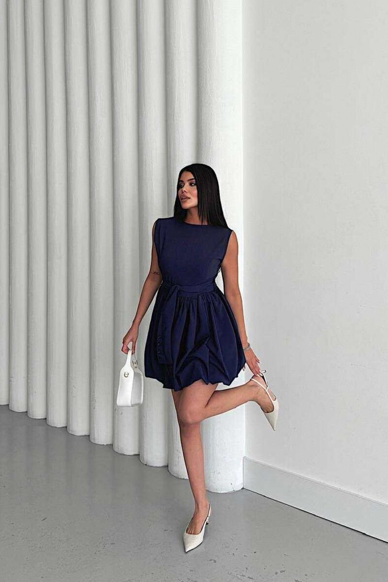 ONE COLOR SLEEVELESS LACING DETAIL WOMEN DRESS DARK BLUE/BEE - 1