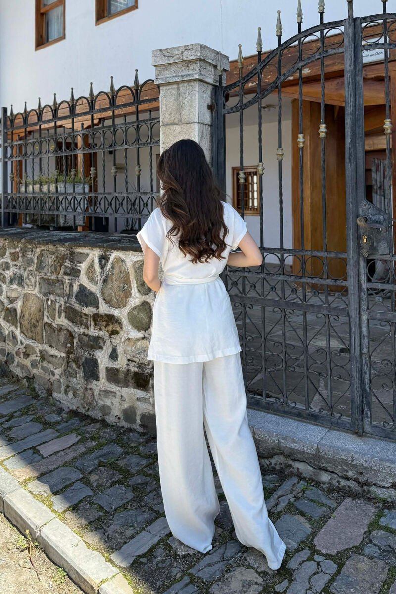 ONE COLOR SLEEVELESS LACING SHIRT+ TROUSERS WOMEN SET WHITE-E BARDHE - 4