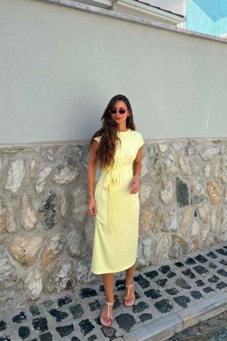 ONE COLOR SLEEVELESS LACING WAIST WOMAN DRESS YELLOW/E VERDHE - 2