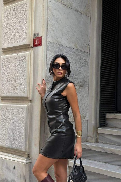 ONE COLOR SLEEVELESS LEATHER WOMEN DRESS BLACK/ E ZEZE - 2