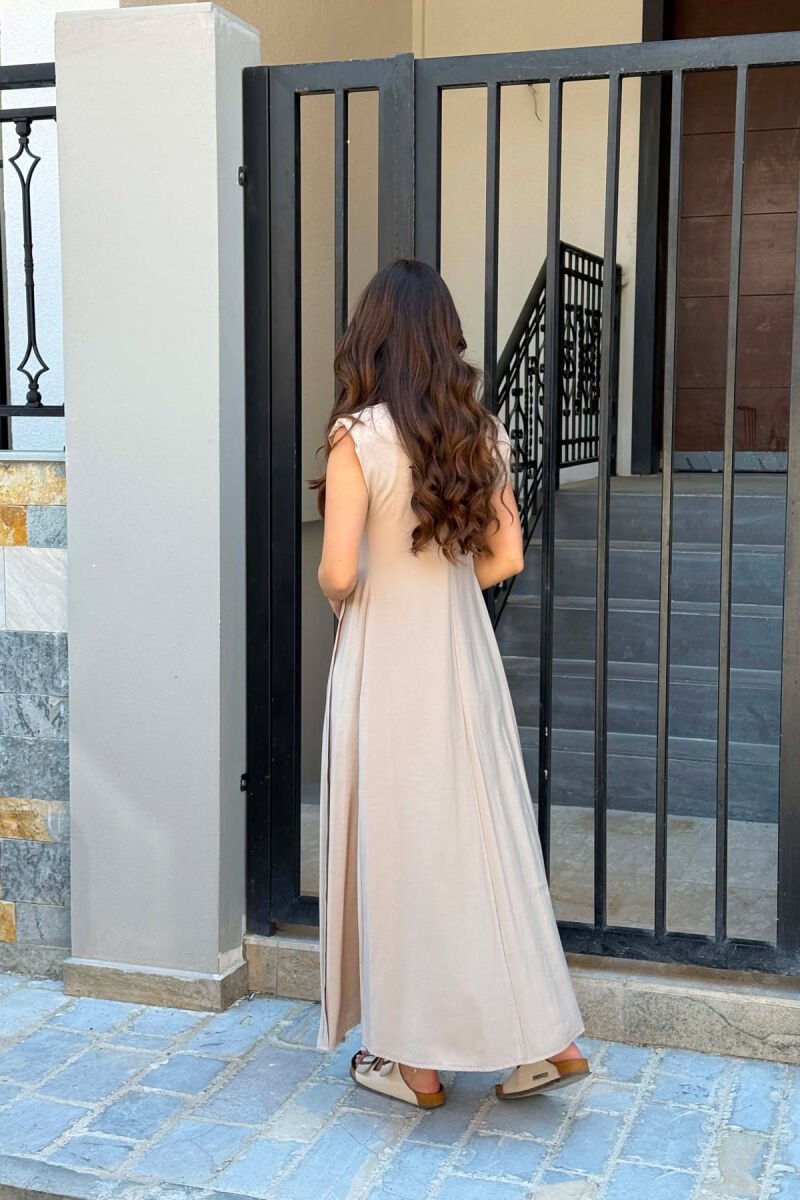 ONE COLOR SLEEVELESS LONG WOMAN DRESS BEIGE/BEZHE - 4