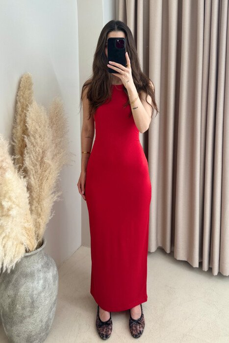 ONE COLOR SLEEVELESS LONG WOMEN DRESS RED/E KUQE - KLAUDIO FASHION