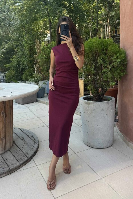 ONE COLOR SLEEVELESS OPEN BACK WOMEN DRESS BURGUNDY/VISHNJE - 4