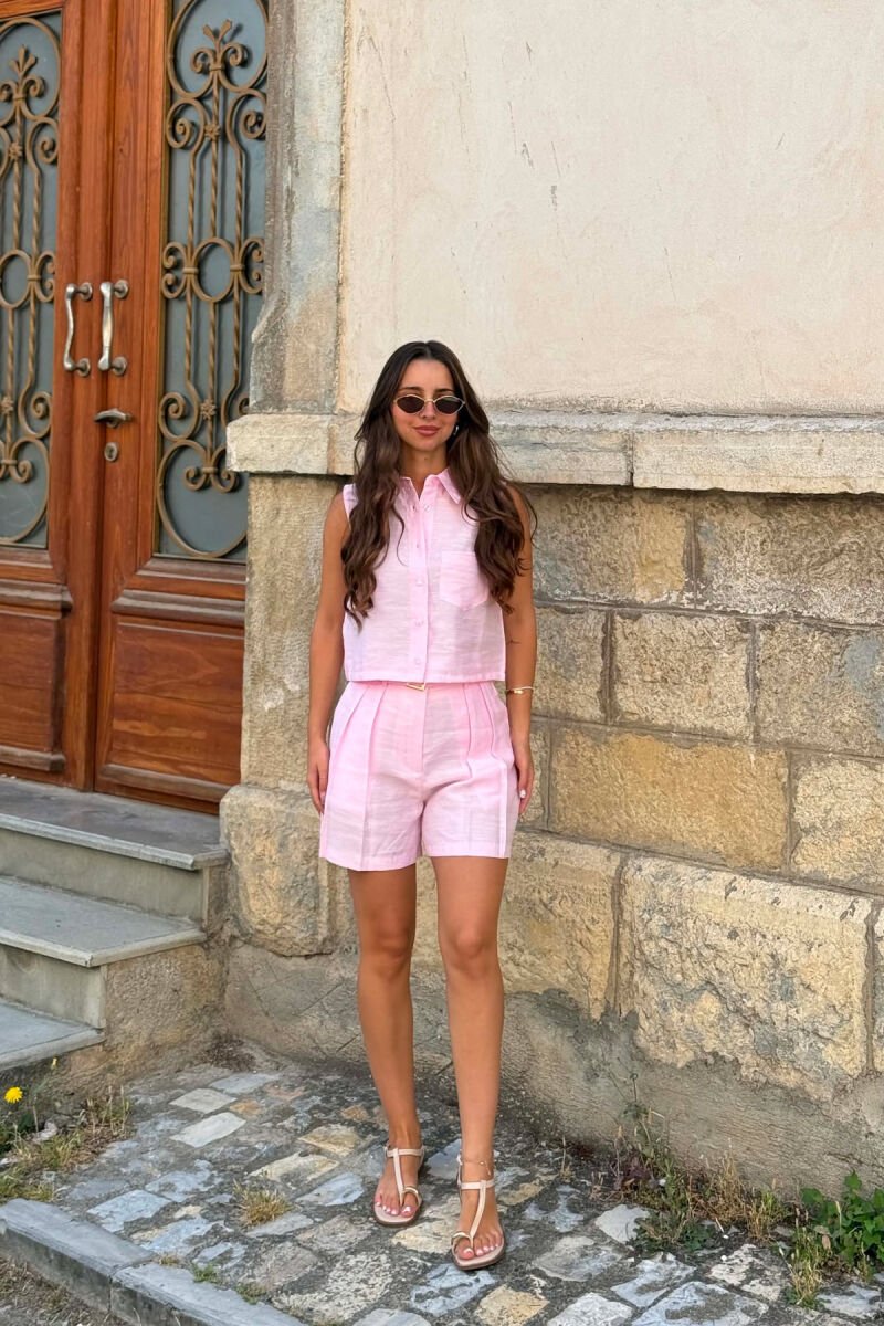 ONE COLOR SLEEVELESS SHIRT+ SHORTS WOMEN SET PINK/ROZE - 4