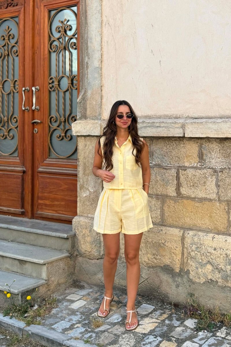 ONE COLOR SLEEVELESS SHIRT+ SHORTS WOMEN SET YELLOW/E VERDHE - 3
