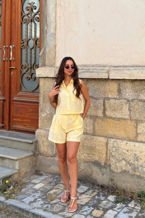 ONE COLOR SLEEVELESS SHIRT+ SHORTS WOMEN SET YELLOW/E VERDHE - 5