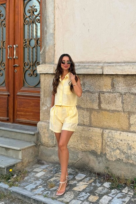 ONE COLOR SLEEVELESS SHIRT+ SHORTS WOMEN SET YELLOW/E VERDHE - 6