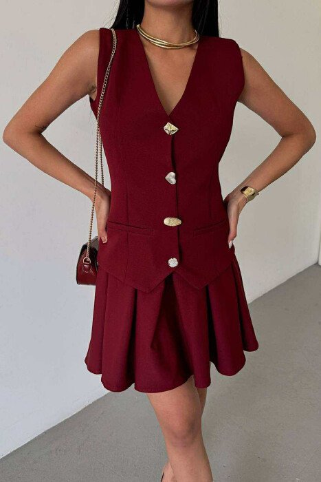 ONE COLOR SLEEVELESS SHORT WOMEN DRESS BURGUNDY/VISHNJE - 2