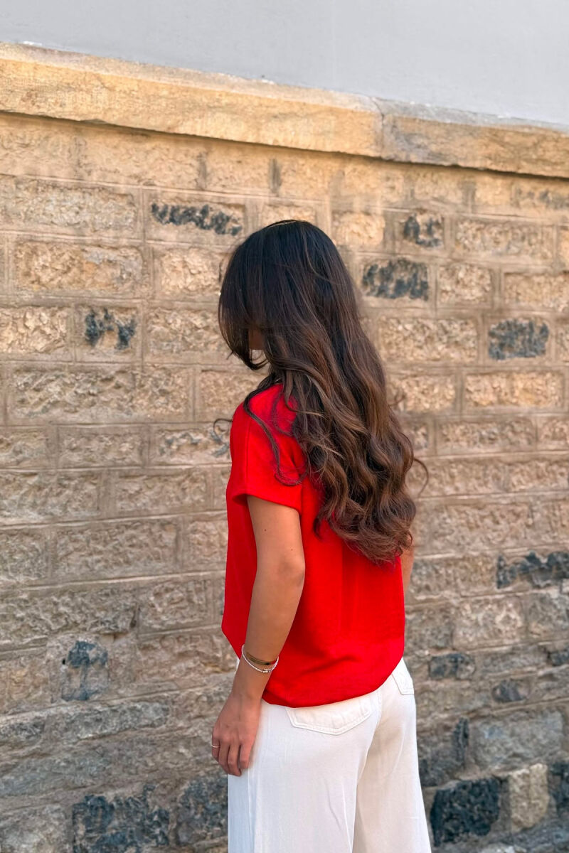 ONE COLOR SLEEVELESS V NECK WOMEN T-SHIRT RED/E KUQE - 3