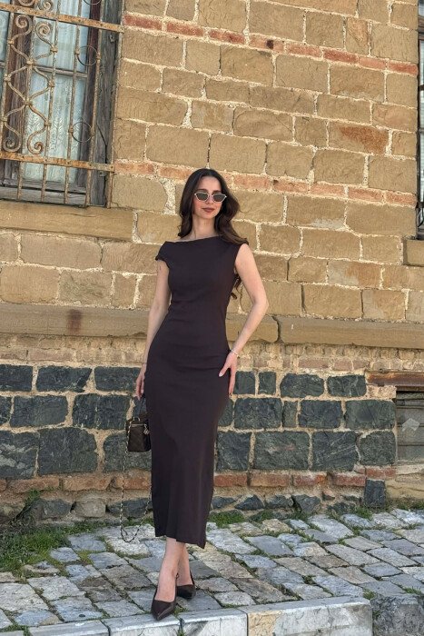 ONE COLOR SLEEVELESS WOMAN DRESS DARK BROWN/KAE - 2