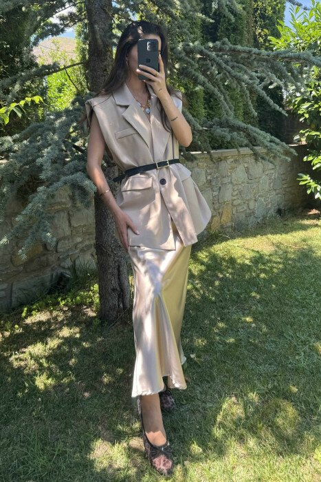 ONE COLOR SLEEVELESS WOMEN JACKET BEIGE/BEZHE - 9