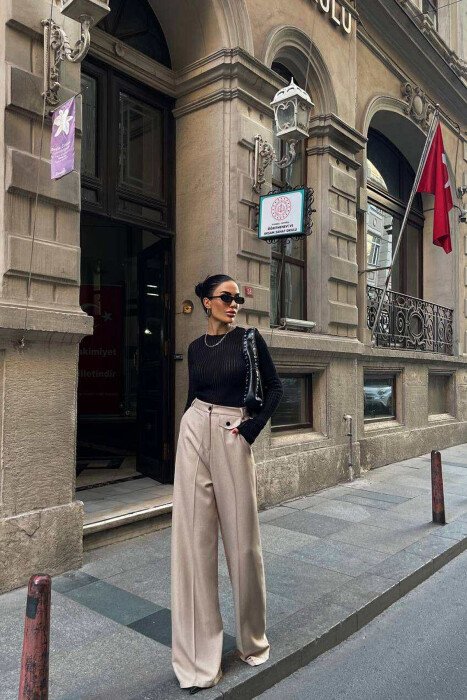 ONE COLOR SMALL DETAIL WOMEN TROUSERS BEIGE/BEZHE - 2