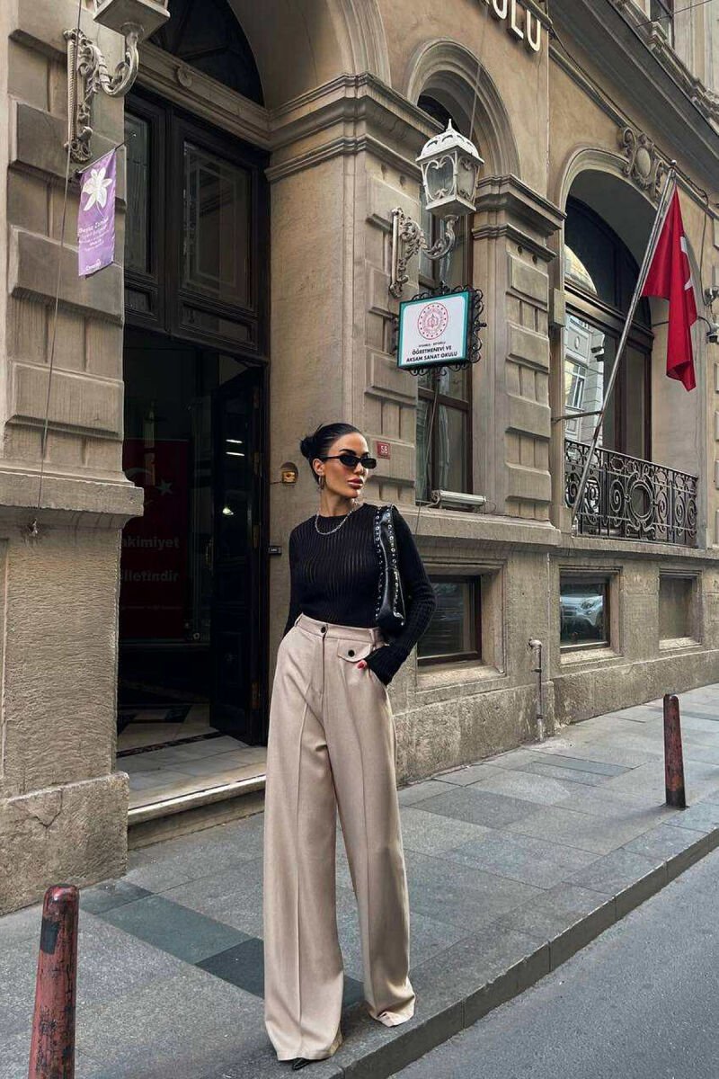 ONE COLOR SMALL DETAIL WOMEN TROUSERS BEIGE/BEZHE - 2