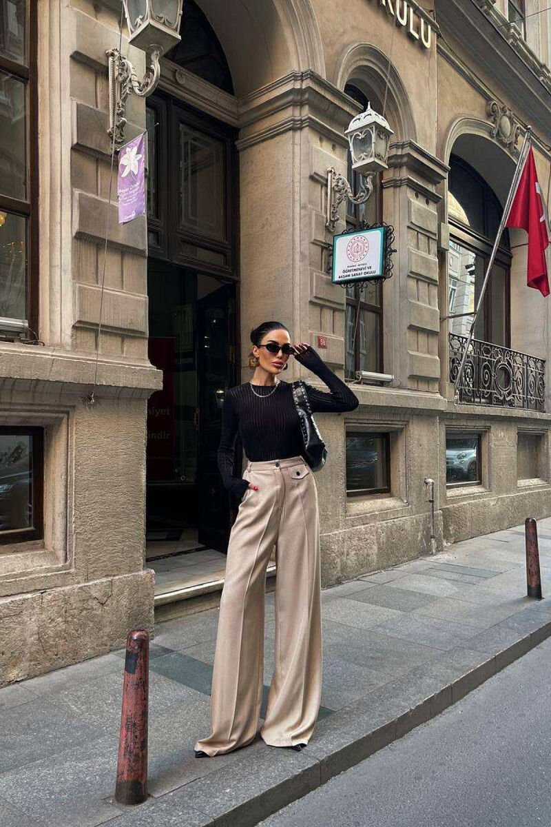 ONE COLOR SMALL DETAIL WOMEN TROUSERS BEIGE/BEZHE - 3
