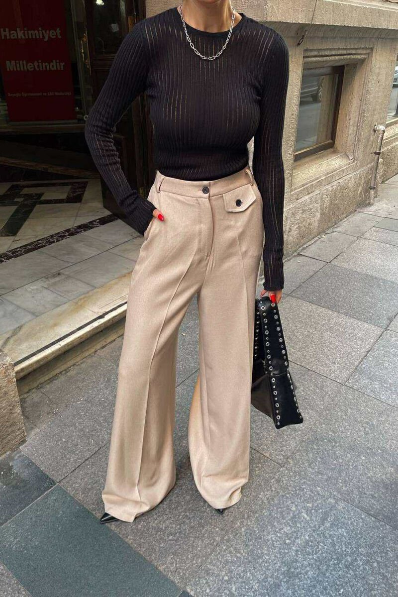 ONE COLOR SMALL DETAIL WOMEN TROUSERS BEIGE/BEZHE - 1