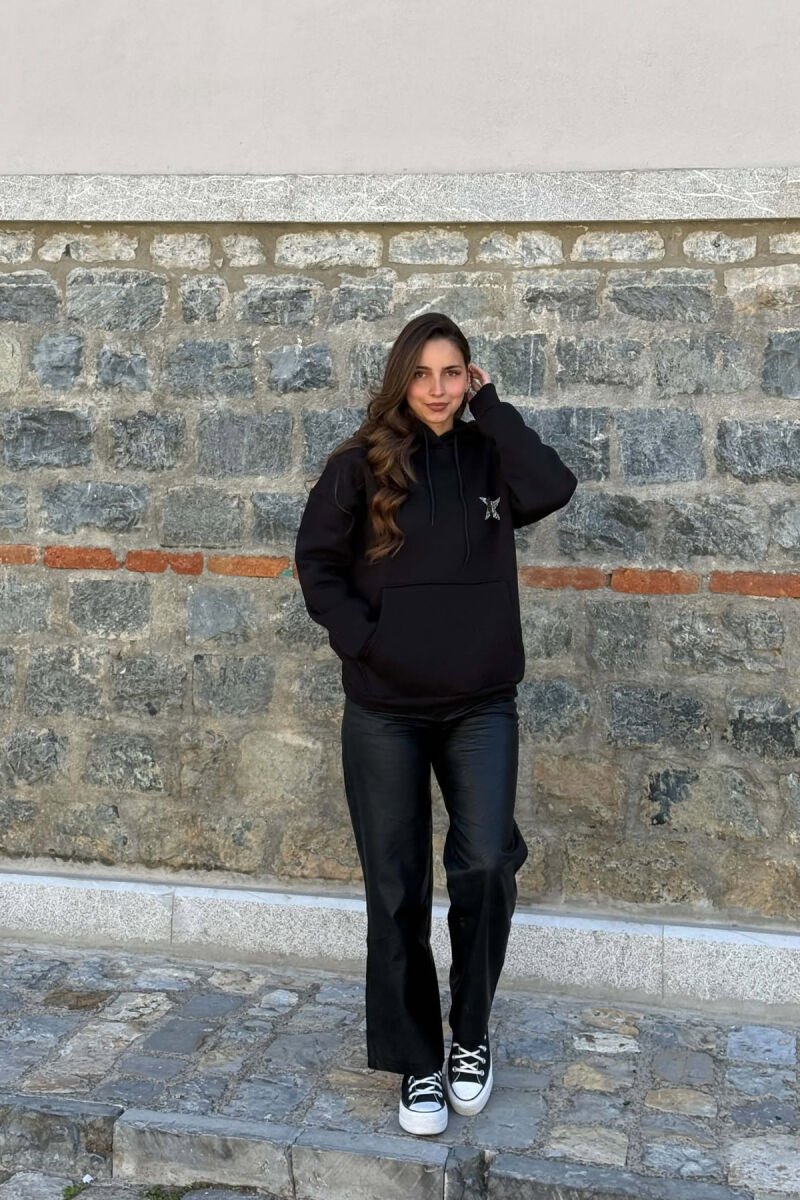 ONE COLOR SPARKLE STAR FLUFFY WOMAN HOODIE BLACK/ E ZEZE - 5