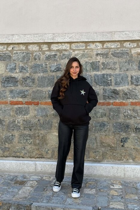 ONE COLOR SPARKLE STAR FLUFFY WOMAN HOODIE BLACK/ E ZEZE - 6