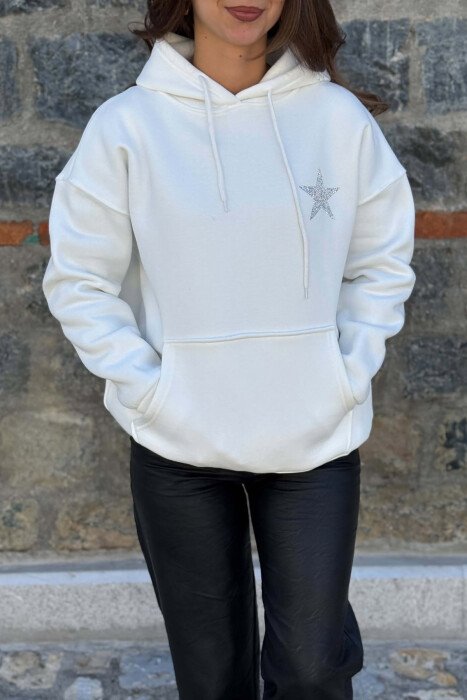 ONE COLOR SPARKLE STAR FLUFFY WOMAN HOODIE WHITE-E BARDHE - 3