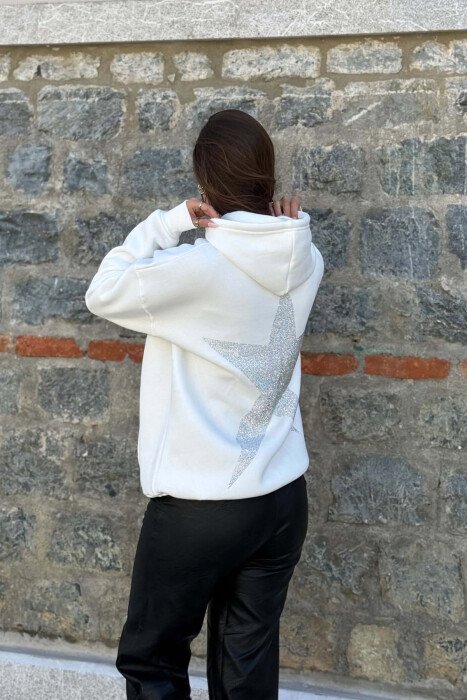 ONE COLOR SPARKLE STAR FLUFFY WOMAN HOODIE WHITE-E BARDHE - 4