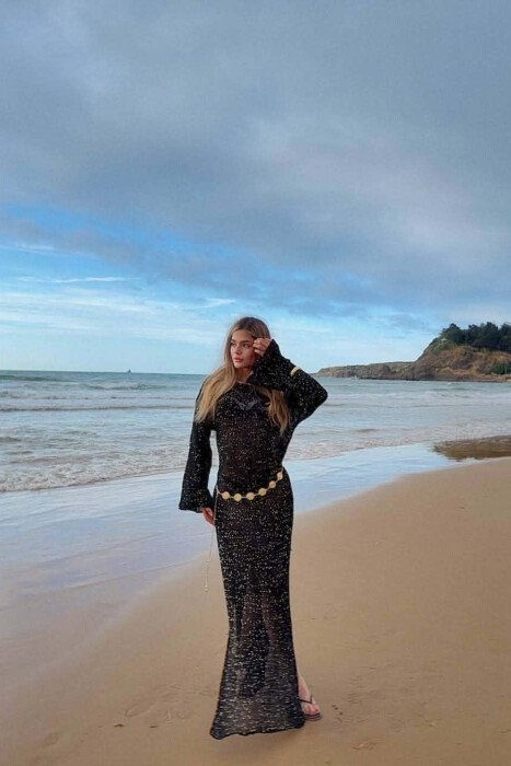 ONE COLOR SPARKLING BEACH WOMEN DRESS BLACK/ E ZEZE - KLAUDIO FASHION
