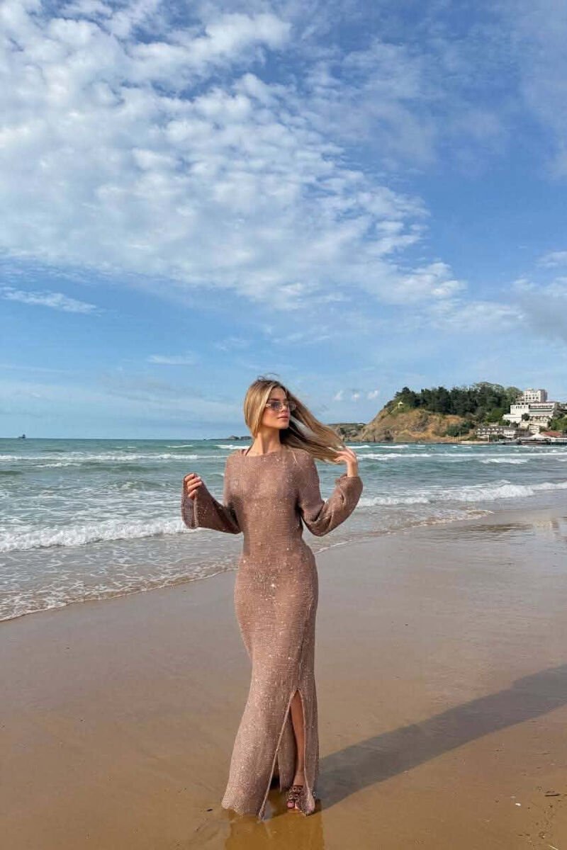 ONE COLOR SPARKLING BEACH WOMEN DRESS BROWN/KAFE - 1