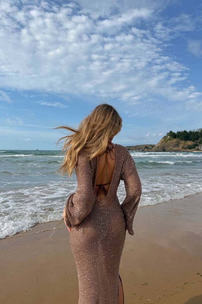 ONE COLOR SPARKLING BEACH WOMEN DRESS BROWN/KAFE - 3