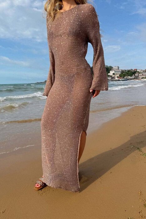 ONE COLOR SPARKLING BEACH WOMEN DRESS BROWN/KAFE - 5