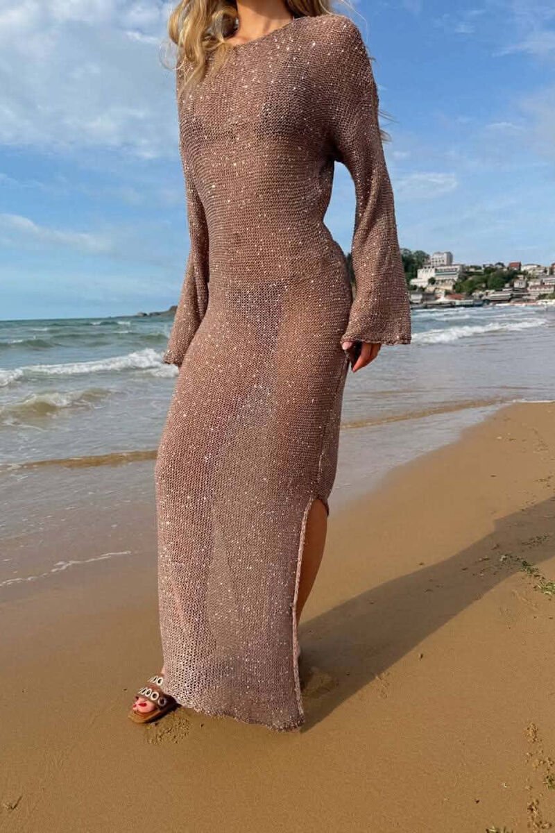 ONE COLOR SPARKLING BEACH WOMEN DRESS BROWN/KAFE - 5
