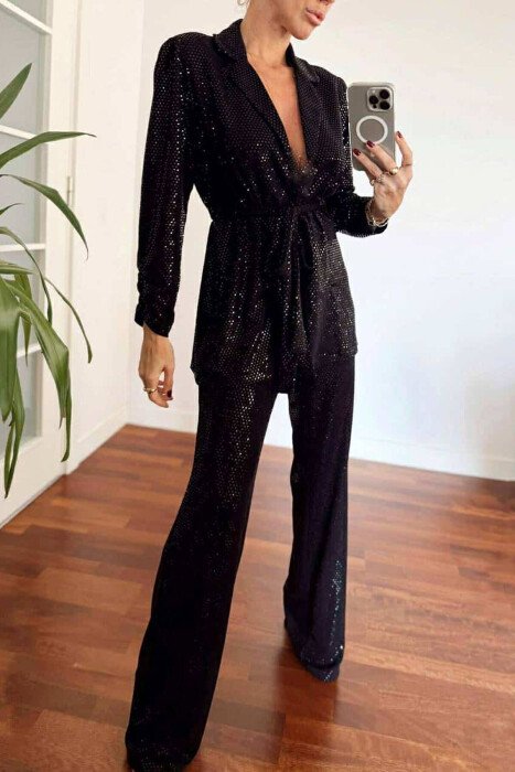 ONE COLOR SPARKLING JACKET+TROUSERS WOMEN SET BLACK/ E ZEZE - KLAUDIO FASHION
