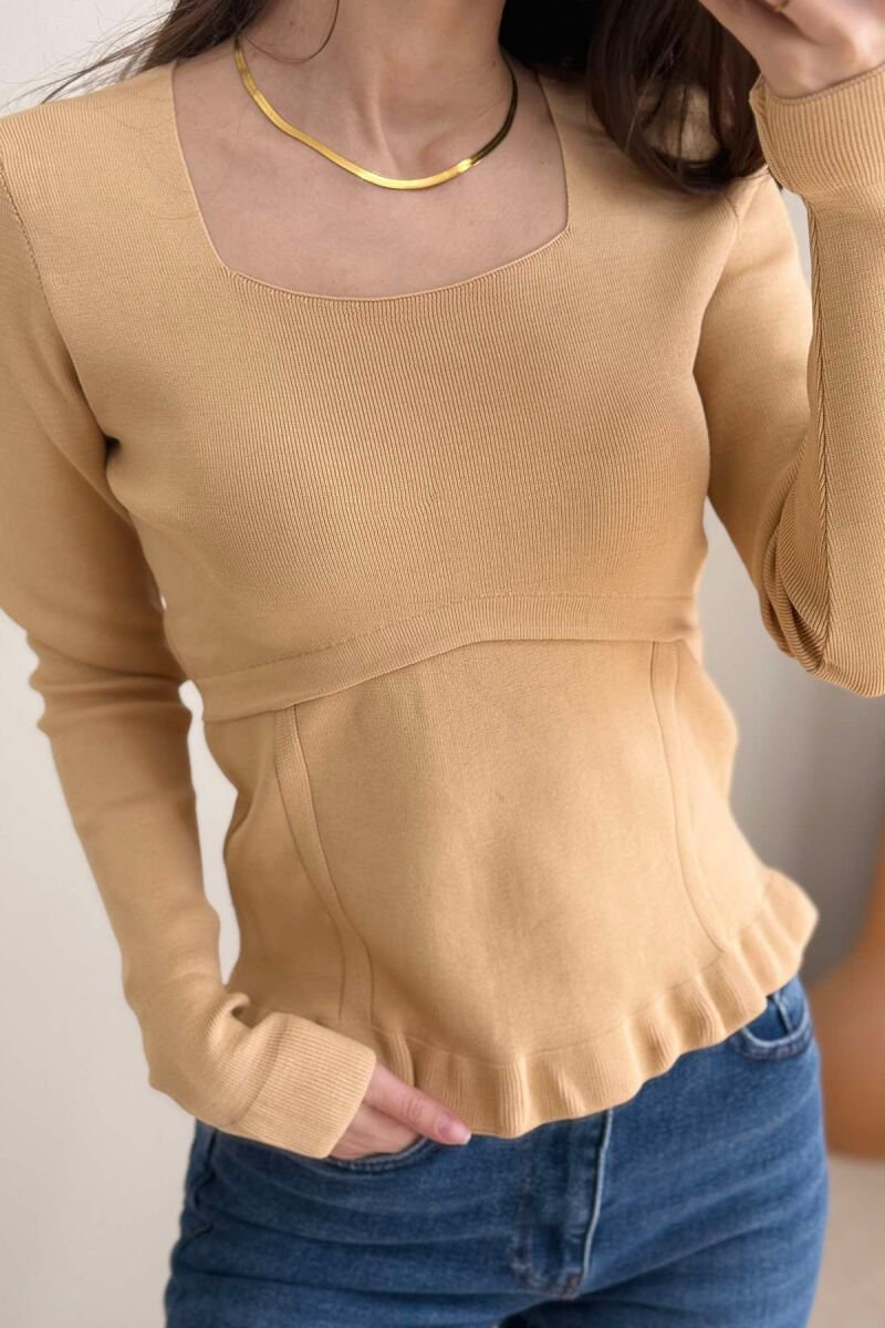 ONE COLOR SQUARE NECK WOMEN SWEATER BEIGE/BEZHE - 4