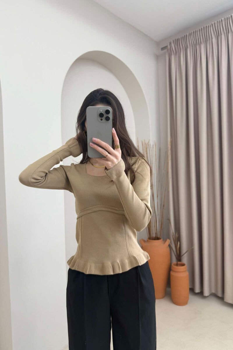ONE COLOR SQUARE NECK WOMEN SWEATER DARK BEIGE/BEZHE ERRET - 1