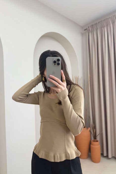 ONE COLOR SQUARE NECK WOMEN SWEATER DARK BEIGE/BEZHE ERRET - 2