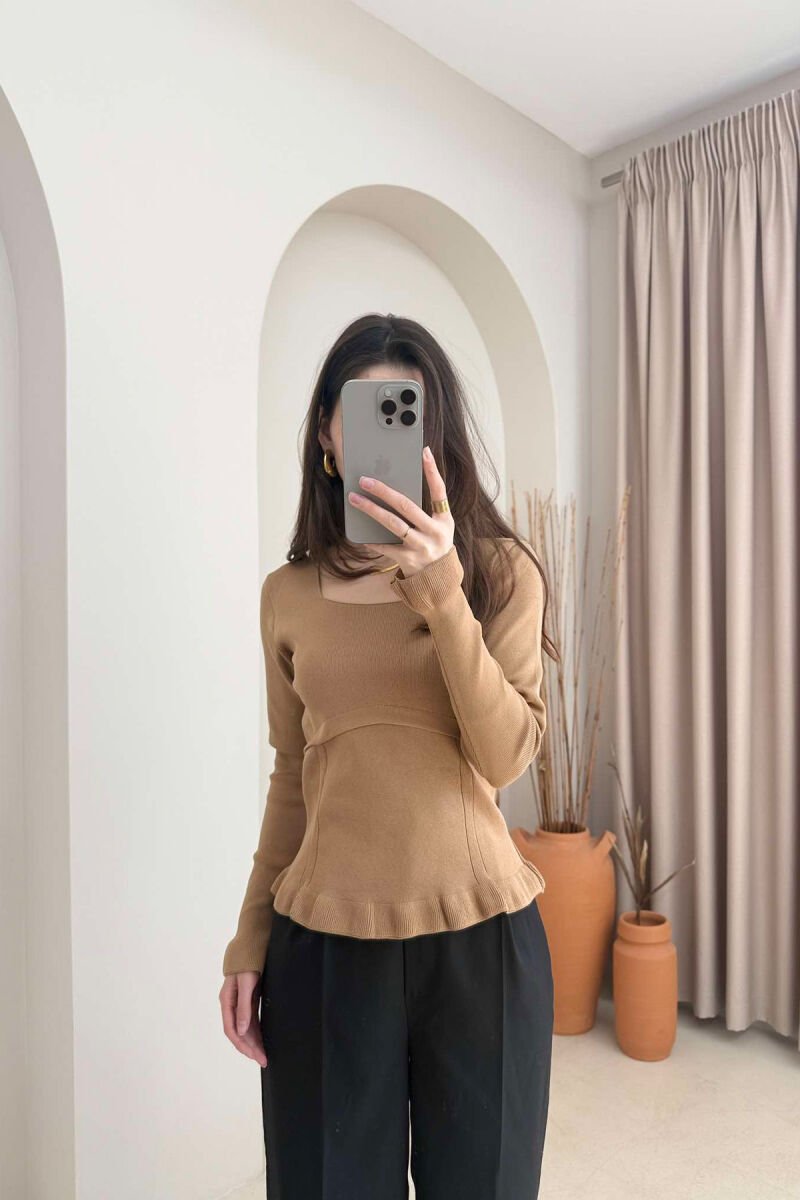 ONE COLOR SQUARE NECK WOMEN SWEATER LIGHT BROWN/KAZB - 1