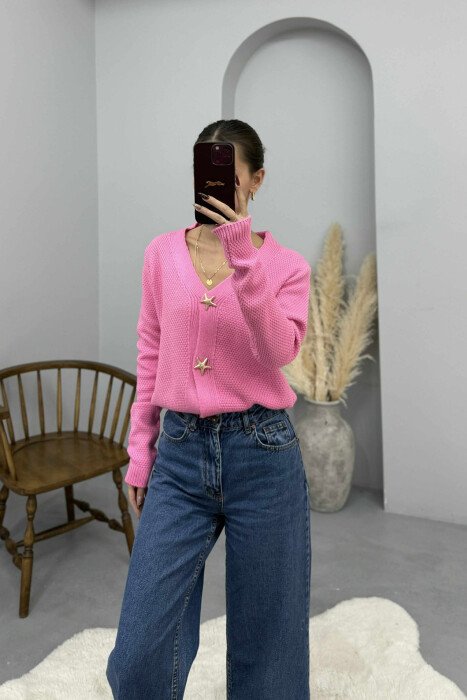 ONE COLOR STARFISH BUTTONS WOMEN CARDIGAN PINK/ROZE 