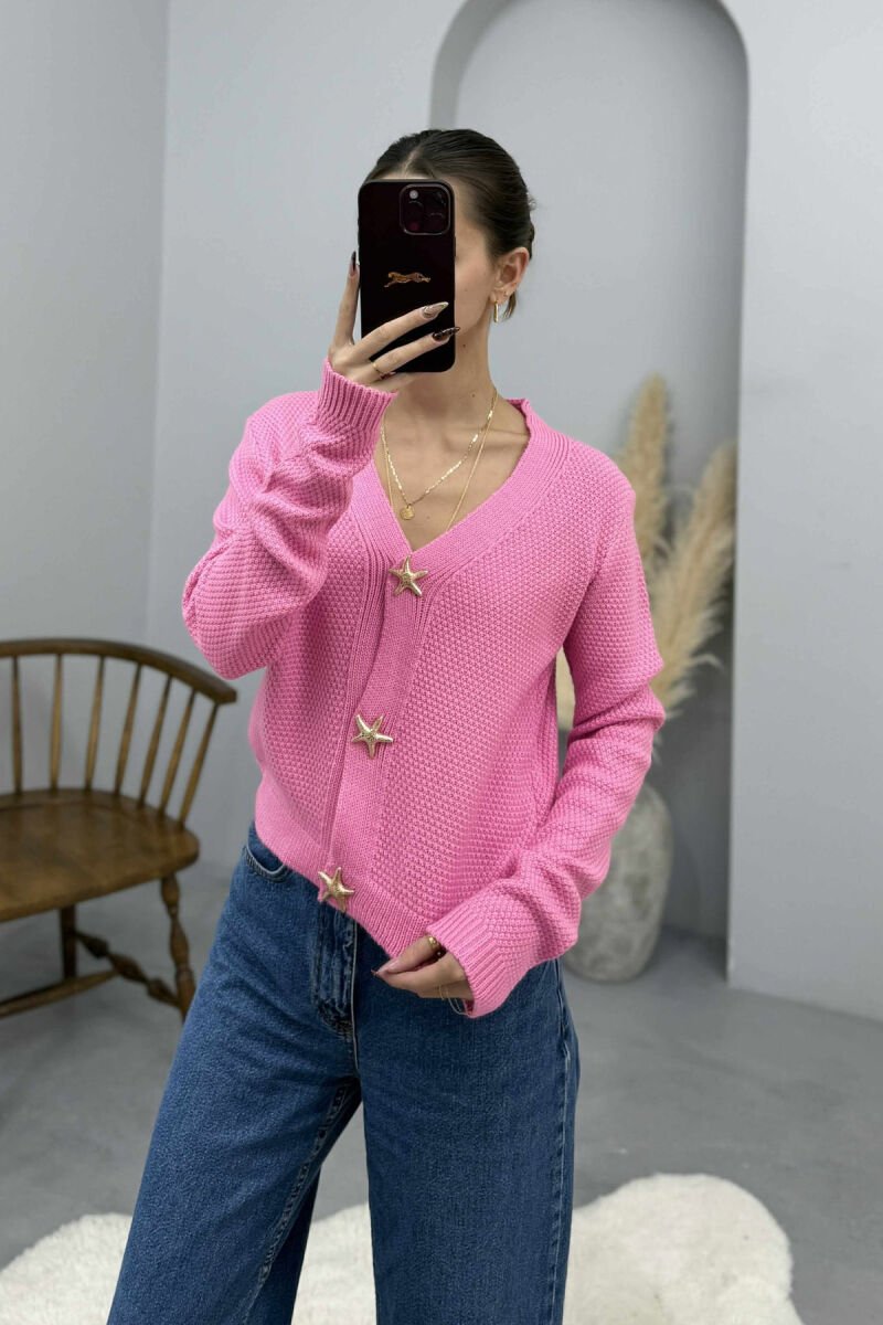 ONE COLOR STARFISH BUTTONS WOMEN CARDIGAN PINK/ROZE - 4