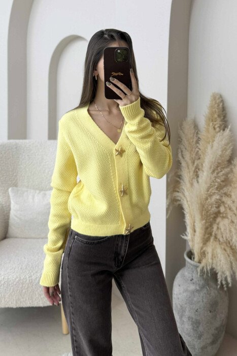 ONE COLOR STARFISH BUTTONS WOMEN CARDIGAN YELLOW/E VERDHE 