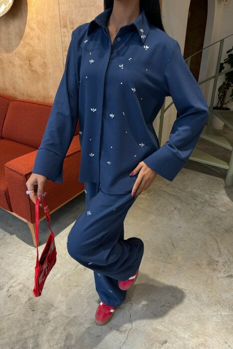 ONE COLOR STONE DETAILS SHIRT+TROUSERS WOMEN SET BLUE/BLU - 2